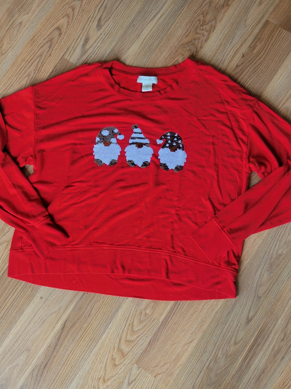 Cynthia Rowley Red Crewneck Sweater with Sequin Gnome Motif Size M